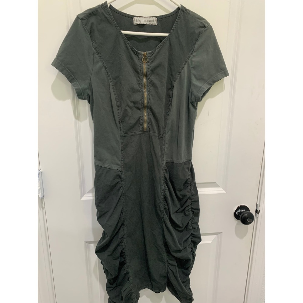 Lilly Mason Womens Green Ruched Half Zip Short Sleeve Midi Dress Size L